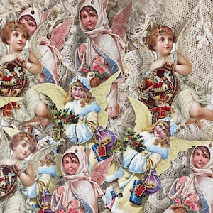 12 etiquetas de regalo navideñas de estilo antiguo con ángeles victorianos vintage