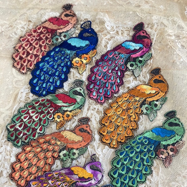 Pretty Antique rare Silk Embroidered Peacocks Birds appliques, Sewing appliques, Journal additions