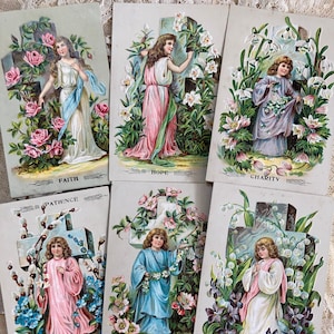 Raccolta di sei cartoline religiose pasquali Fede, speranza e carità