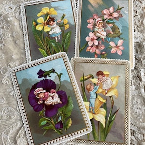 1879 Kate Greenaway 'Niños en las flores' juego de cuatro cartas edición grande ref 1