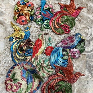 Beautiful Rare Antique Silk Embroidered Birds appliqués, Sewing appliques, REF N