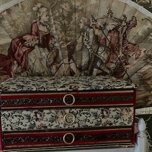 Antique Swiss fabric drawers frippery buttons and beads box