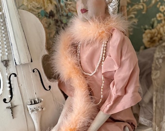 アンティークのフランス製ブドワール人形、手描きの顔、1900年代初頭