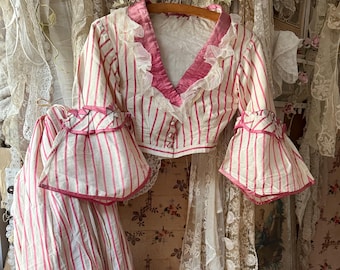 Victorian Silk Lace Ensemble, Pink Striped Raw Silk Jacket and Skirt, 1850