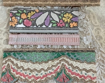 Five pieces of Antique WallPaper border samples, Floral Paper Ephemera, antique doll house wallpaper