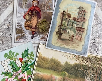Viktorianische Weihnachtskarten, antike Ephemera, wiederverwendet, 4er Set