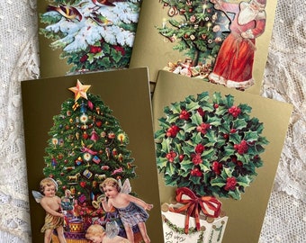 Four Beautiful Vintage Victorian Style Christmas Cards, 3D pop out Decoupage Christmas Cards with envelopes