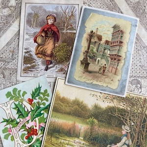 Vier prachtige Victoriaanse teruggewonnen kerstkaarten, antieke kerstkaarten
