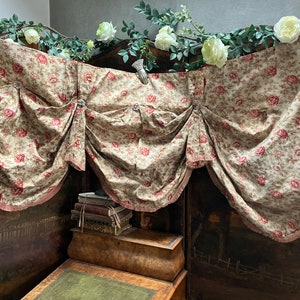 Fabulous Antique French faded floral cotton pelmet with swags and button gathers