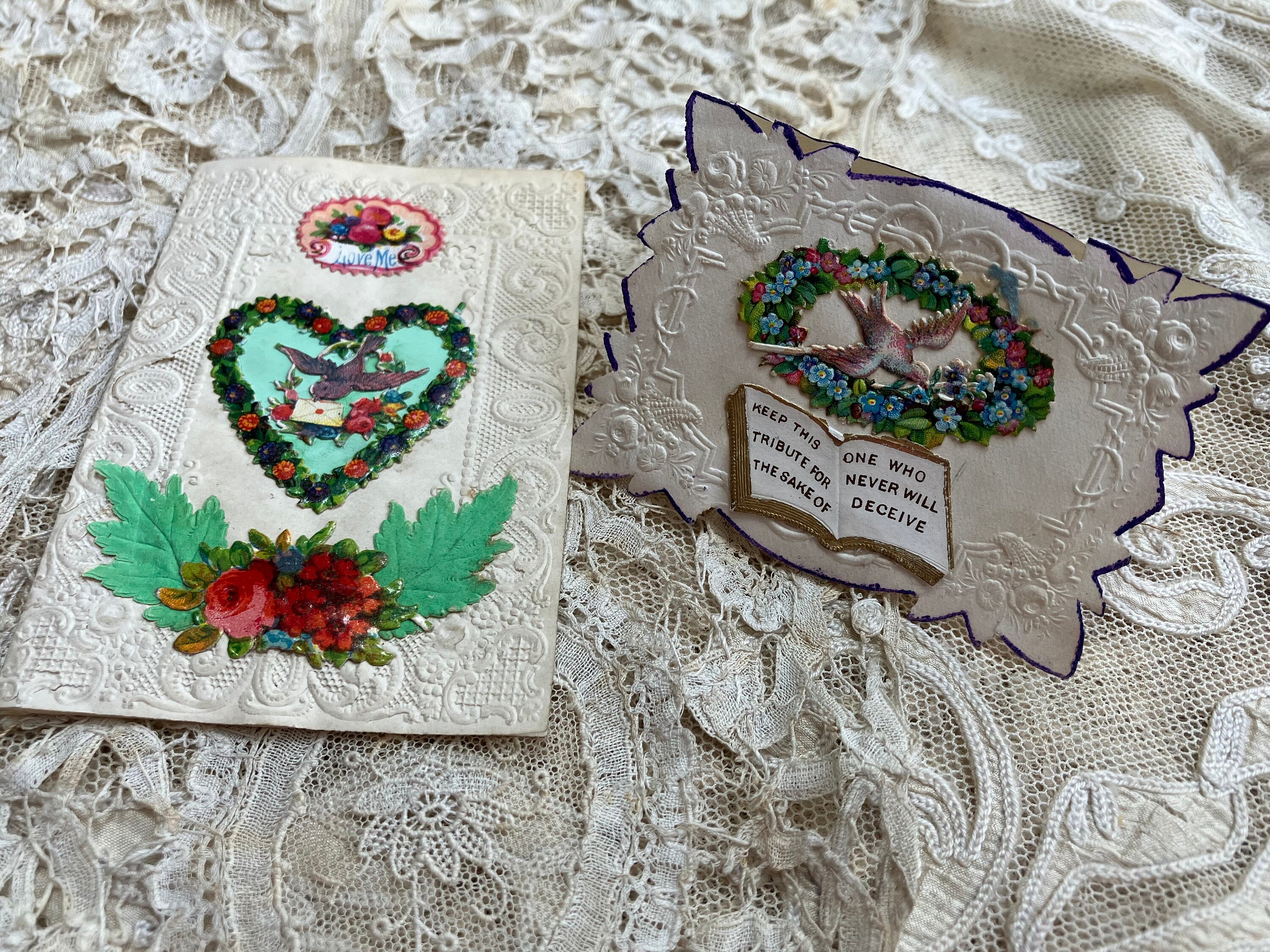 Two Antique Embossed Paper Lace Love Card From 1800's, Nineteenth