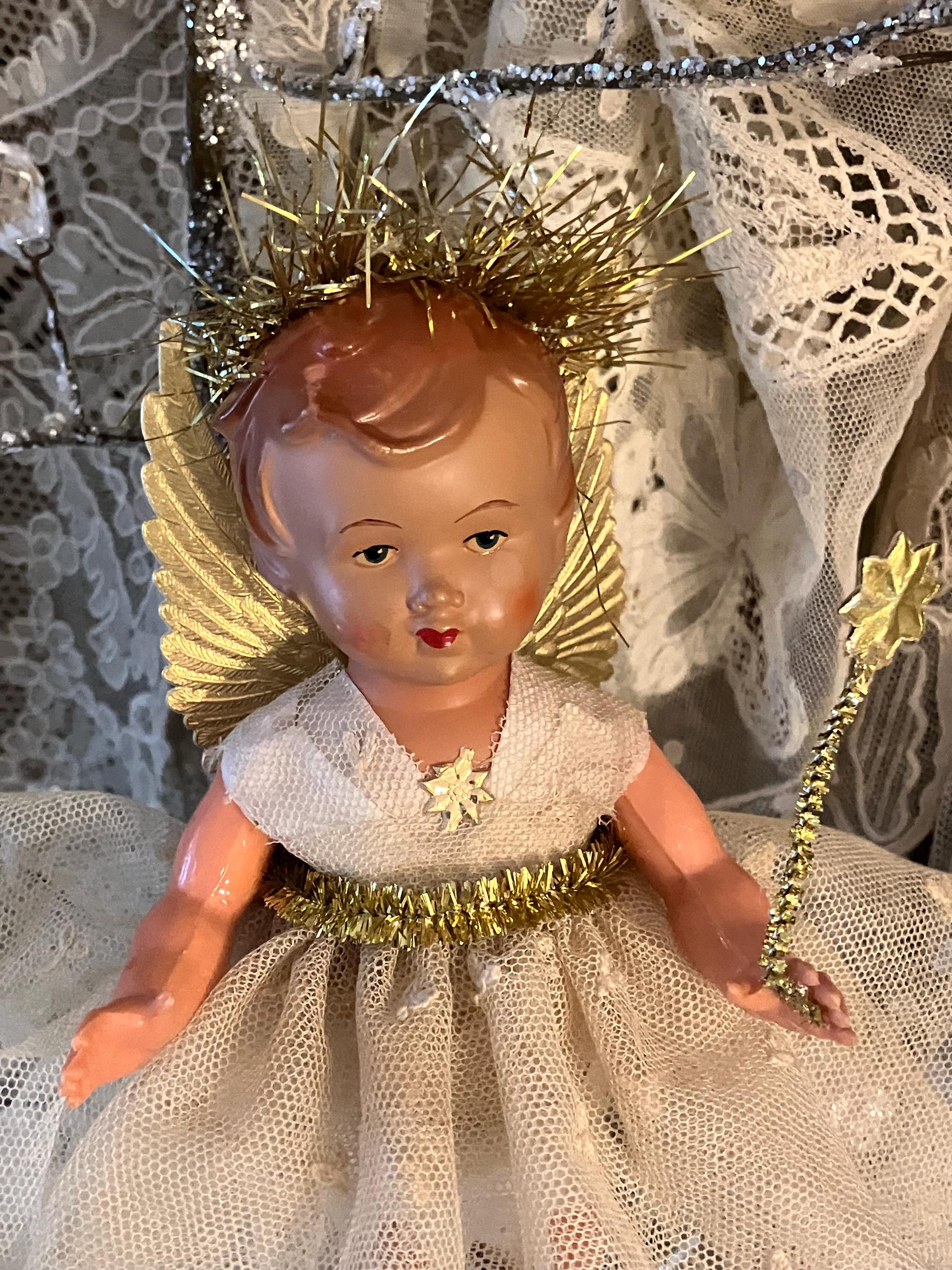 アンティークのドイツ人形のクリスマス妖精の飾り、ヴィンテージの