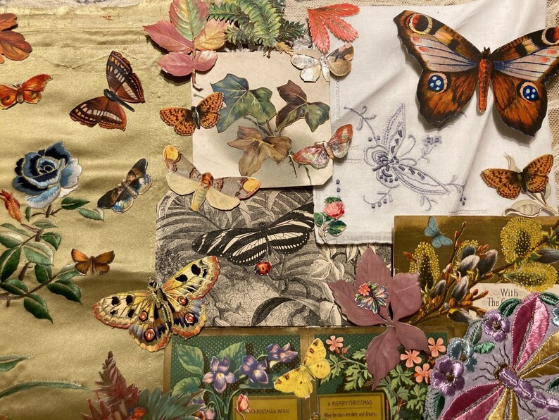 Journal kit Antique Silk Floral embroidered Fabric Victorian Butterflies Chromo Scraps