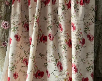 Poppies Cotton Fabric, Antique Illustration Style, Upholstery Curtain Material