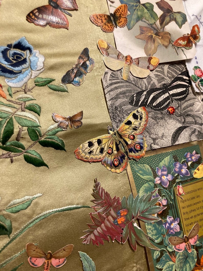 Journal kit Antique Silk Floral embroidered Fabric Victorian Butterflies Chromo Scraps