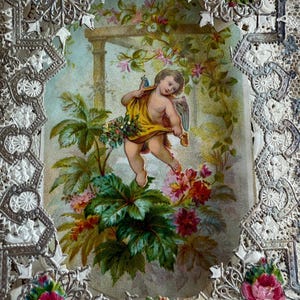 Carte de Saint-Valentin chérubin, dentelle en papier du XIXe siècle, carte hommage aux affections