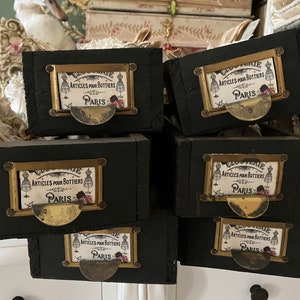 Puede incluir: Seis cajones de madera negra con tiradores de latón y etiquetas que dicen "Articles pour Bottiers Paris".