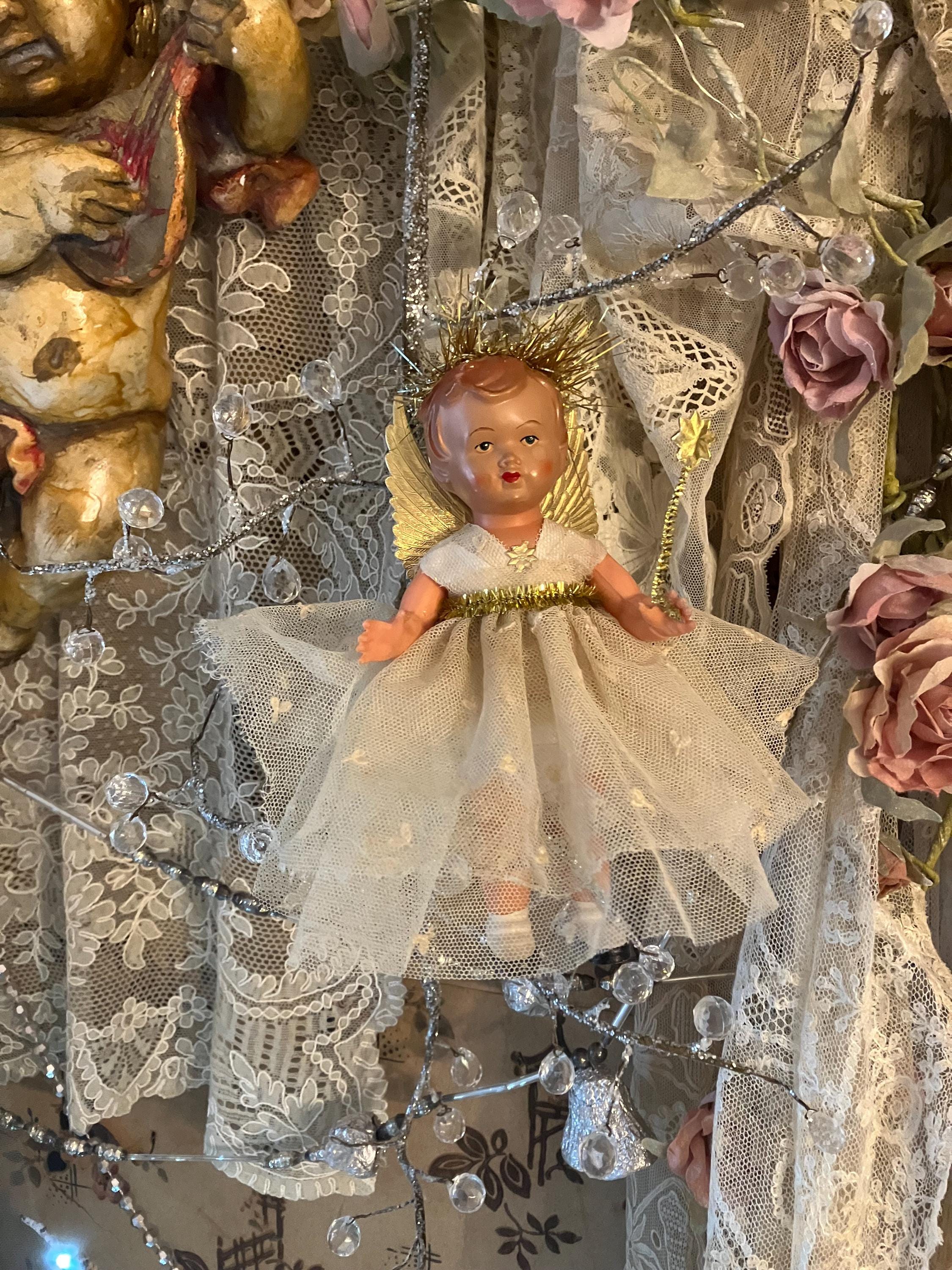 アンティークのドイツ人形のクリスマス妖精の飾り、ヴィンテージの
