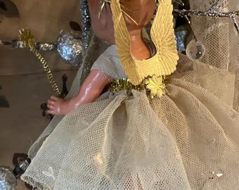 アンティークのドイツ人形のクリスマス妖精の飾り、ヴィンテージの