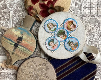 Antique Victorian Fabric Pin Wheels and Painted Bellows Needle Case