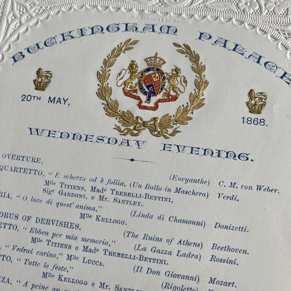 1868 Buckingham Palace Royal Concert programme with embossed Royal Arms and exquisite lace paper