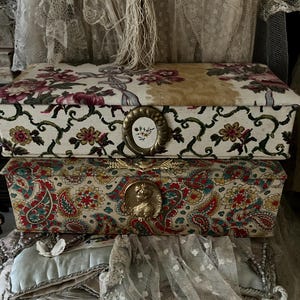 Beautiful Antique Brocante French fabric Box with antique embellishment