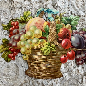 Duży kosz owoców Chromo z XIX wieku, skrawki decoupage'u, papier wiktoriański