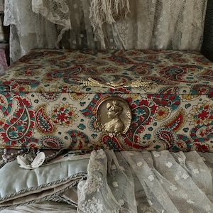 Beautiful Antique Brocante French fabric Box with antique embellishments
