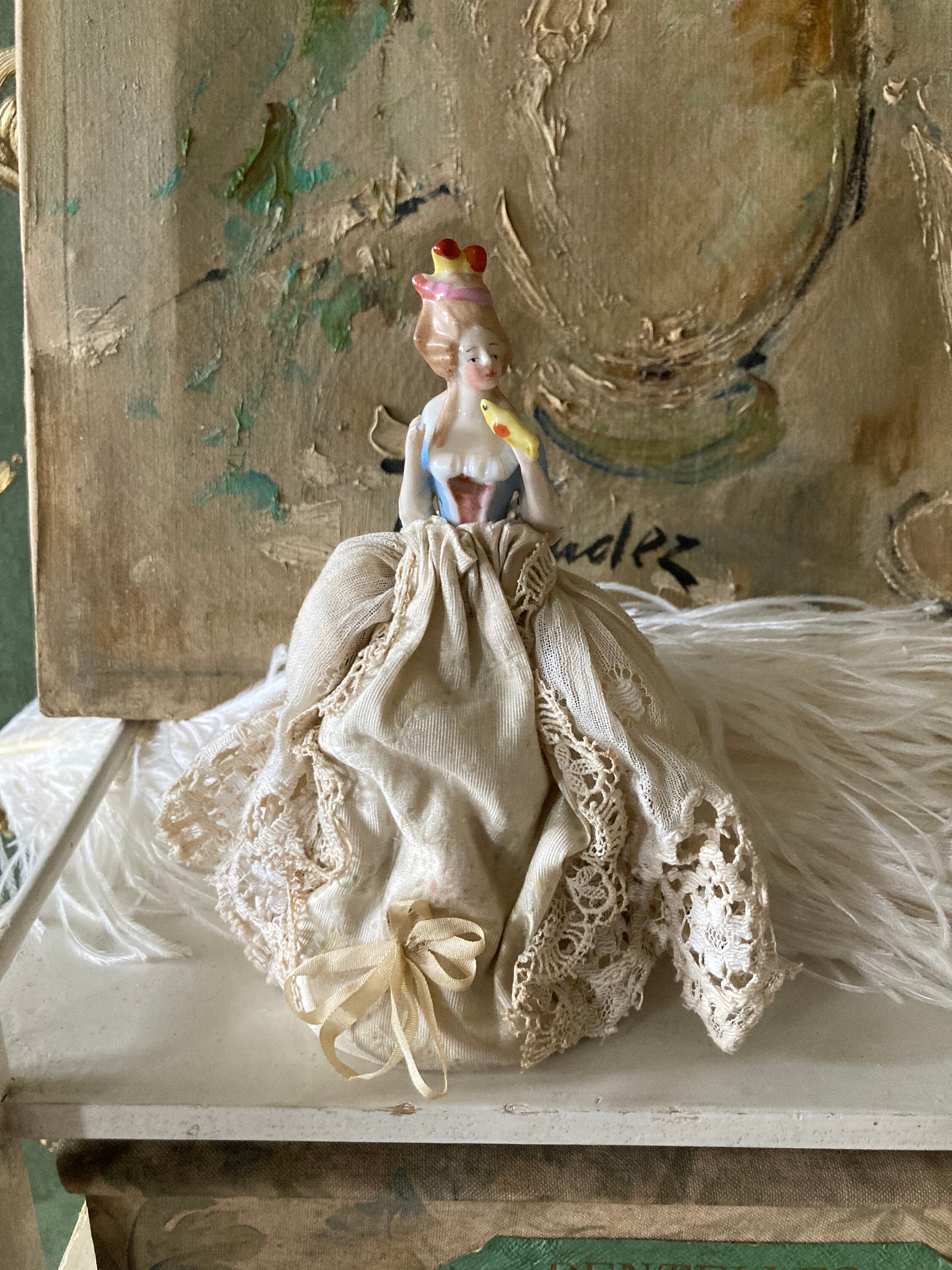 Antique Bisque Porcelain Half Doll Lace Pin Cushion Doll