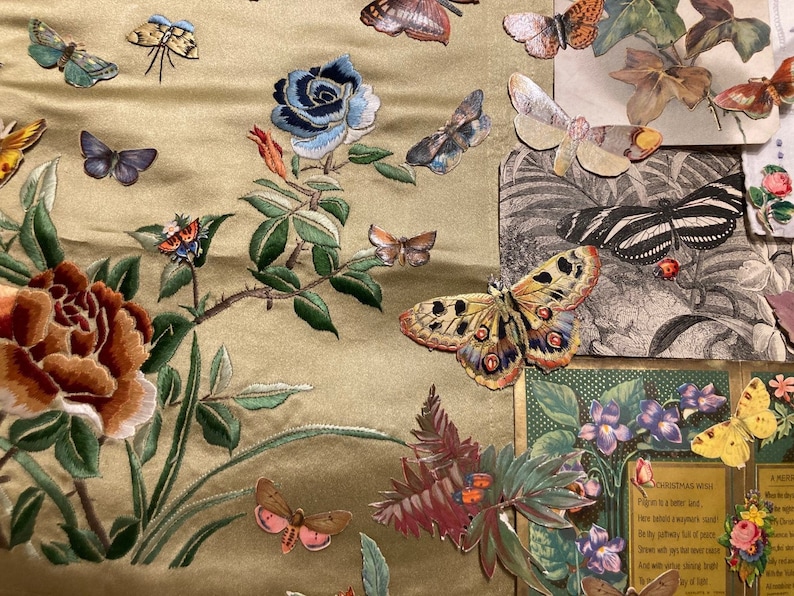 Journal kit Antique Silk Floral embroidered Fabric Victorian Butterflies Chromo Scraps