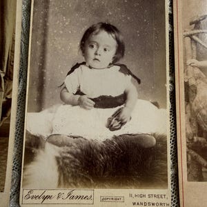 May include: Sepia-toned antique photograph of a baby seated on a fur-like surface. The baby wears a white dress with dark accents and a black sash. The photograph is labeled "Evelyn & James, 11, High Street, Wandsworth."