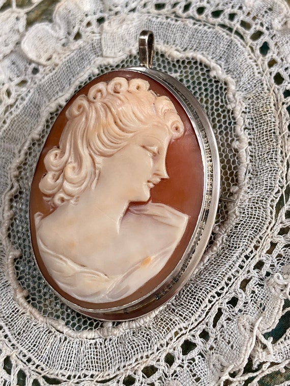 Stunning Antique Silver Carved shell Cameo Brooch… - image 5