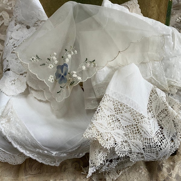 Antique lace Handkerchiefs, Victorian Hankies, linen and lace