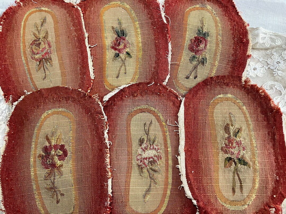 Six Lovely Antique French Hand Embroidered Kneeling Stool Panels