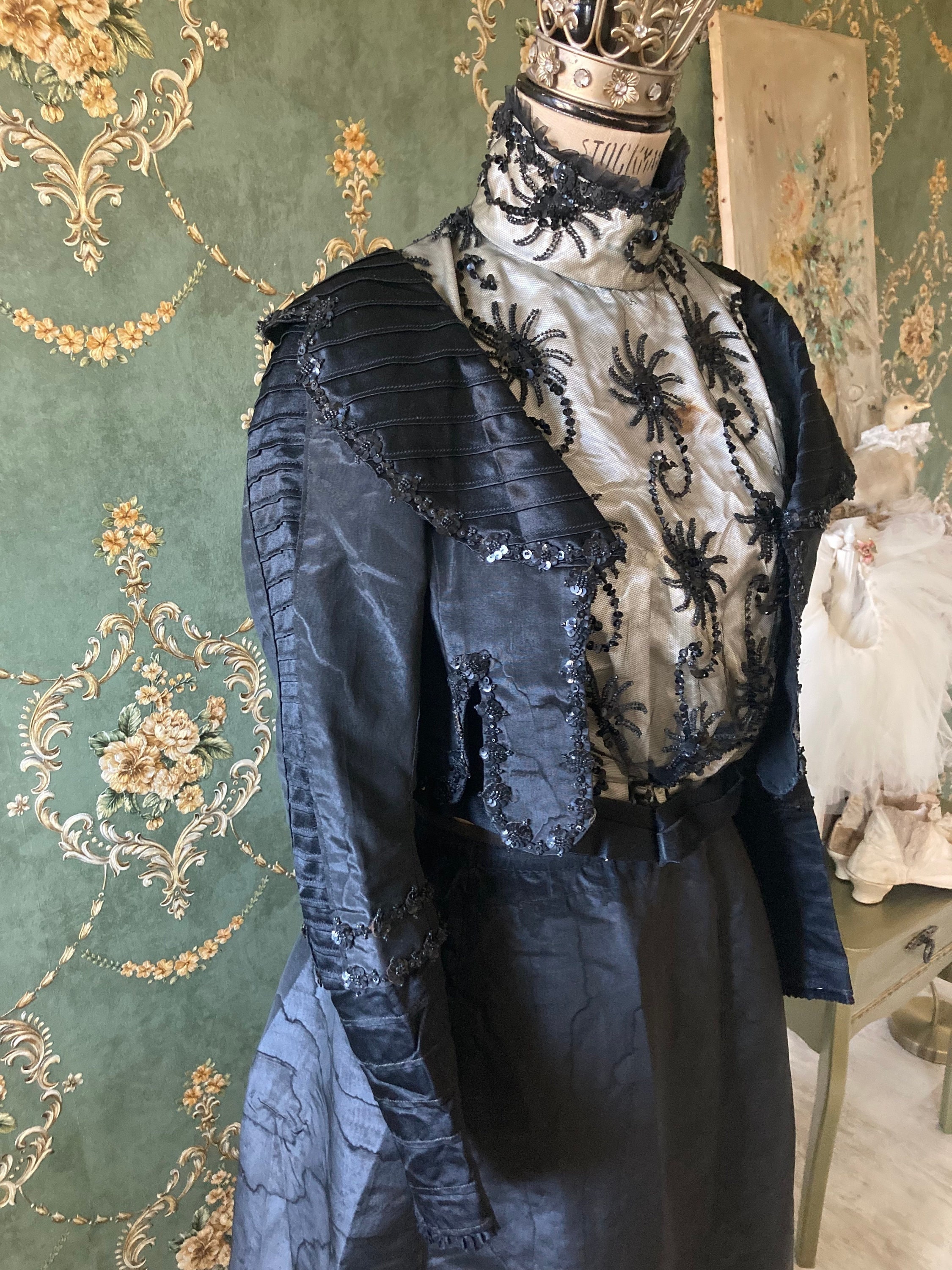 silk victorian dress Black Victorian Silk Dress, Antique Gown, Beaded Modesty Panel