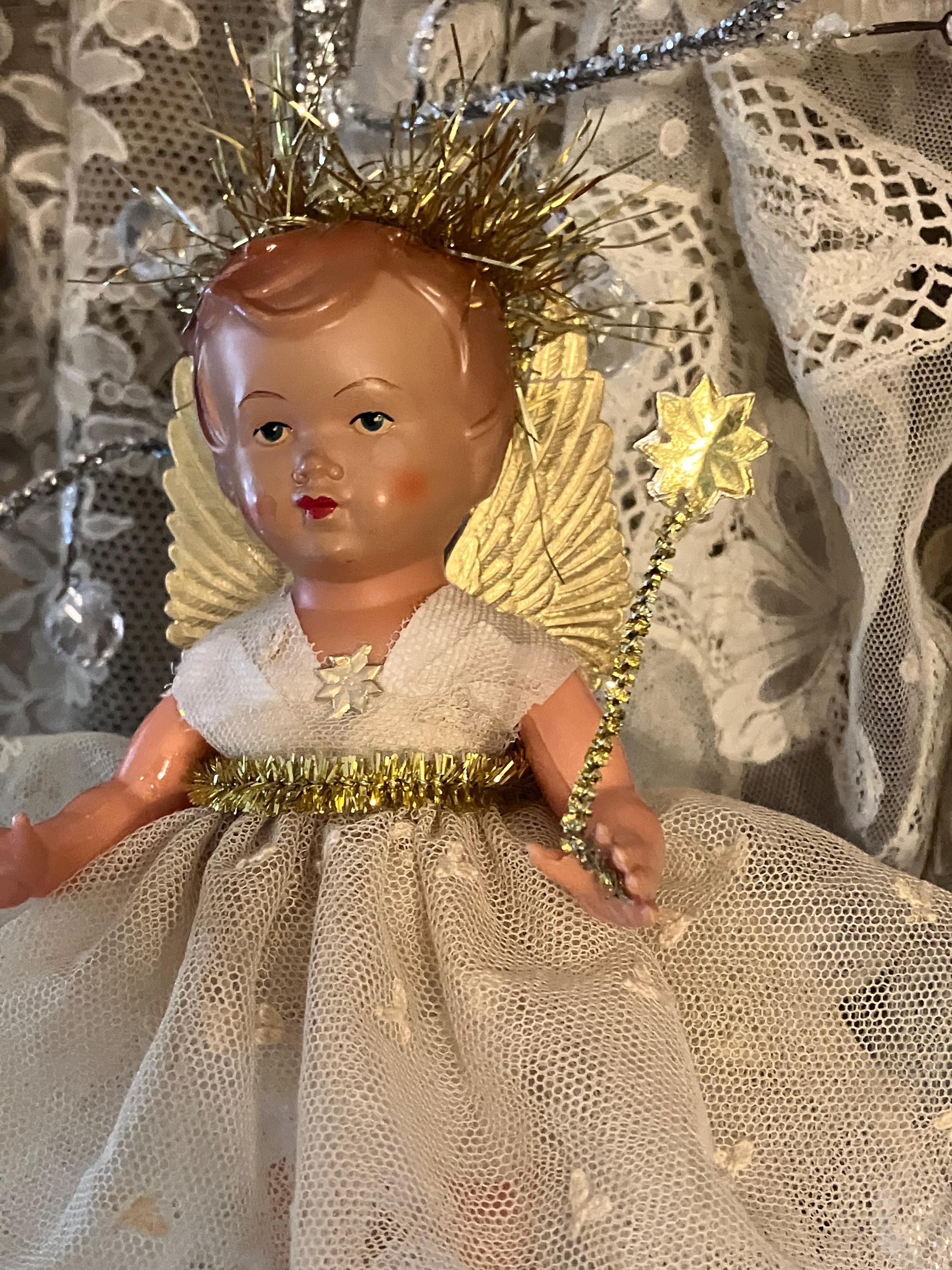 アンティークのドイツ人形のクリスマス妖精の飾り、ヴィンテージの