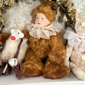 Antique German Jointed Bear Doll, Porcelain Head, Bell Hat