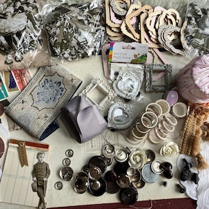 Large Tim Holtz paper dolls crafting bundle, buttons, ribbons, frames and washi tape