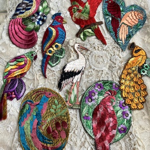 Beautiful Rare Antique Silk Embroidered Birds appliqués, Sewing appliques, mixed lot