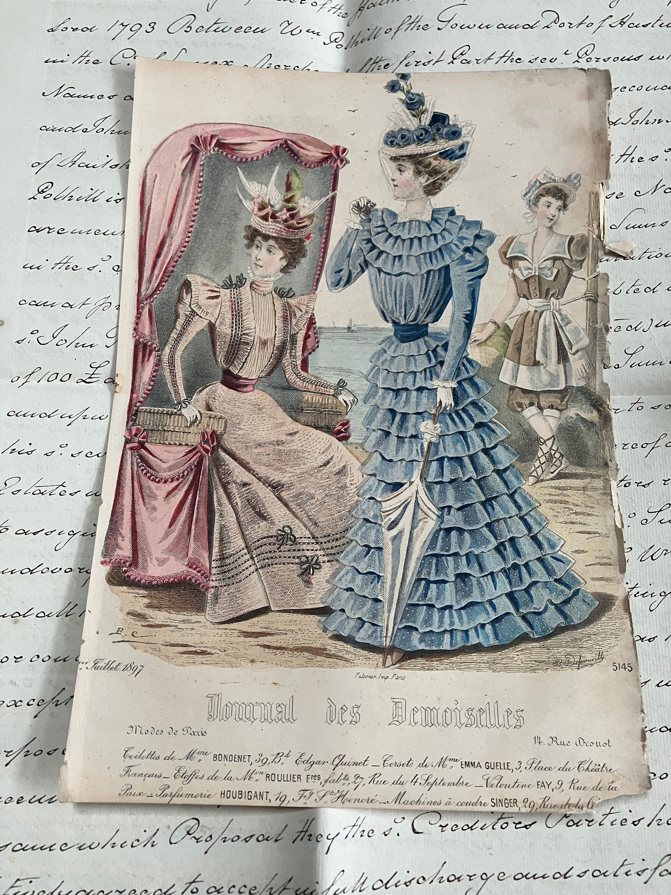 Journal Des Femmes Antique French Hand Coloured Fashion Plate REF