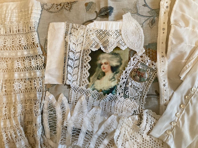 Antique French Lace Journal Inspiration kit Portrait fabric Fabric journal collection Limoges brooch