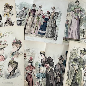 Grandes placas coloridas francesas La Mode Ilustree de 1897, placa de moda francesa antiga colorida à mão