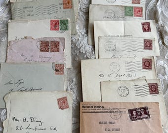 May include: A collection of vintage envelopes with stamps from the early 1900s. The envelopes are addressed to different people and places, and some have handwritten messages. The stamps are in various colors and designs, including a stamp with a portrait of King George V.