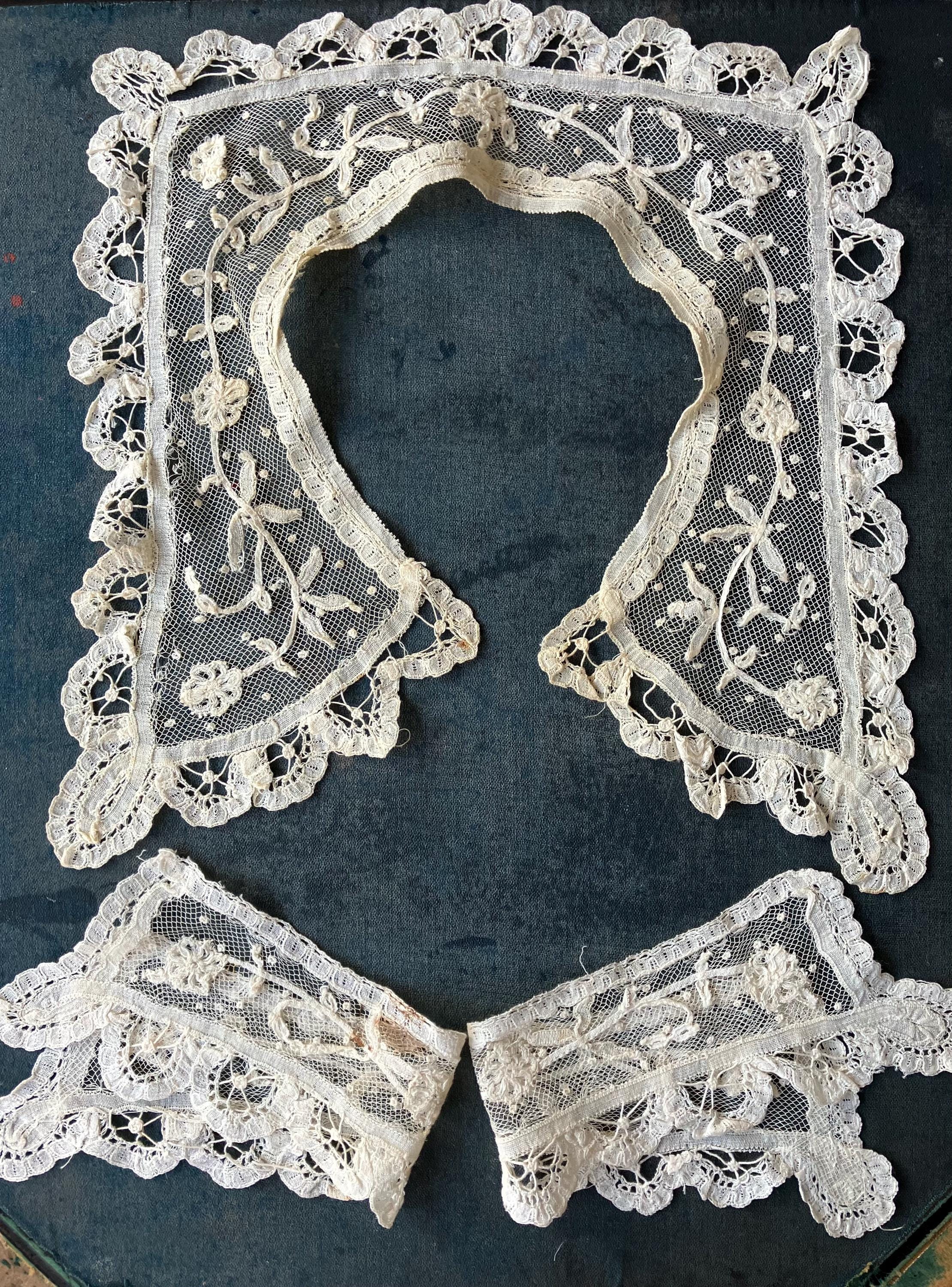 Antique Brussels Needle Lace Collar & Cuffs, Point De Gaze Border