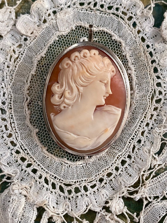 Stunning Antique Silver Carved shell Cameo Brooch… - image 9