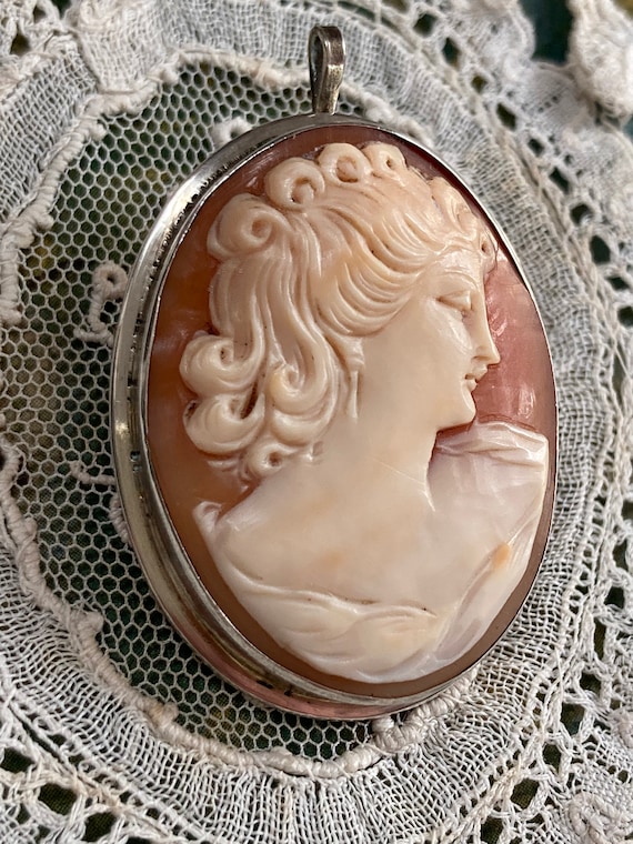 Stunning Antique Silver Carved shell Cameo Brooch… - image 7