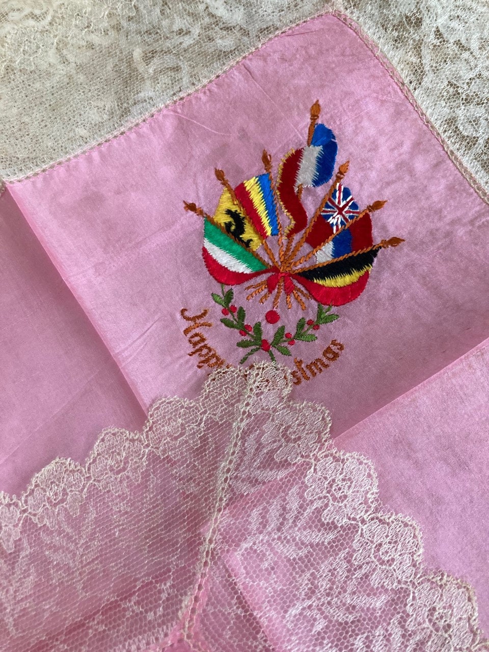 アンティークレース刺繍ハンカチ、クリスマスピンクシルク - Etsy 日本