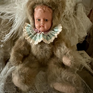 Antique German Celluloid Head Bear Doll, Vintage Textiles