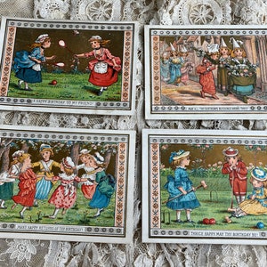 1874 Kate Greenaway Medieval Children conjunto de cuatro tarjetas Variantes de cumpleaños