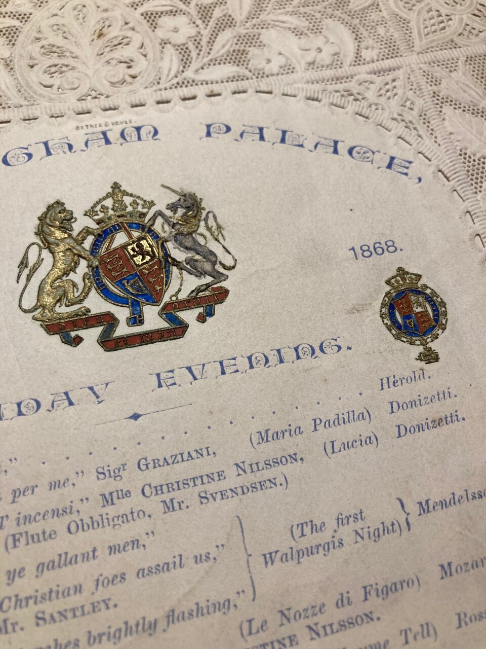Image of 1868 Buckingham Palace Royal Concert Programme With Embossed Arms & Exquisite Lace Paper