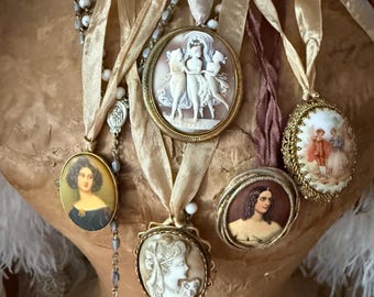 Antique Carved Shell Cameo Brooch Pendant, Victorian Brass Jewelry
